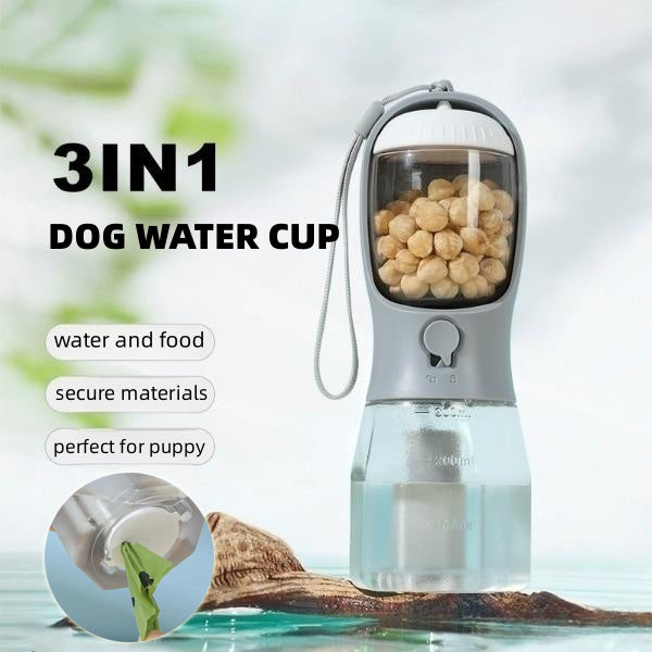 3-in-1 Dog Water Bottle – Dispenser + Food + Bags